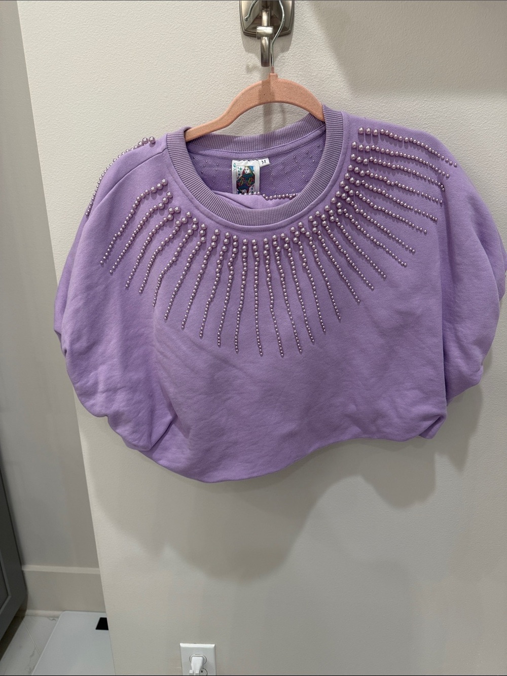 QUEEN OF SPARKLES Lavender Pearl-Embellished Cropped Sweatshirt and shorts